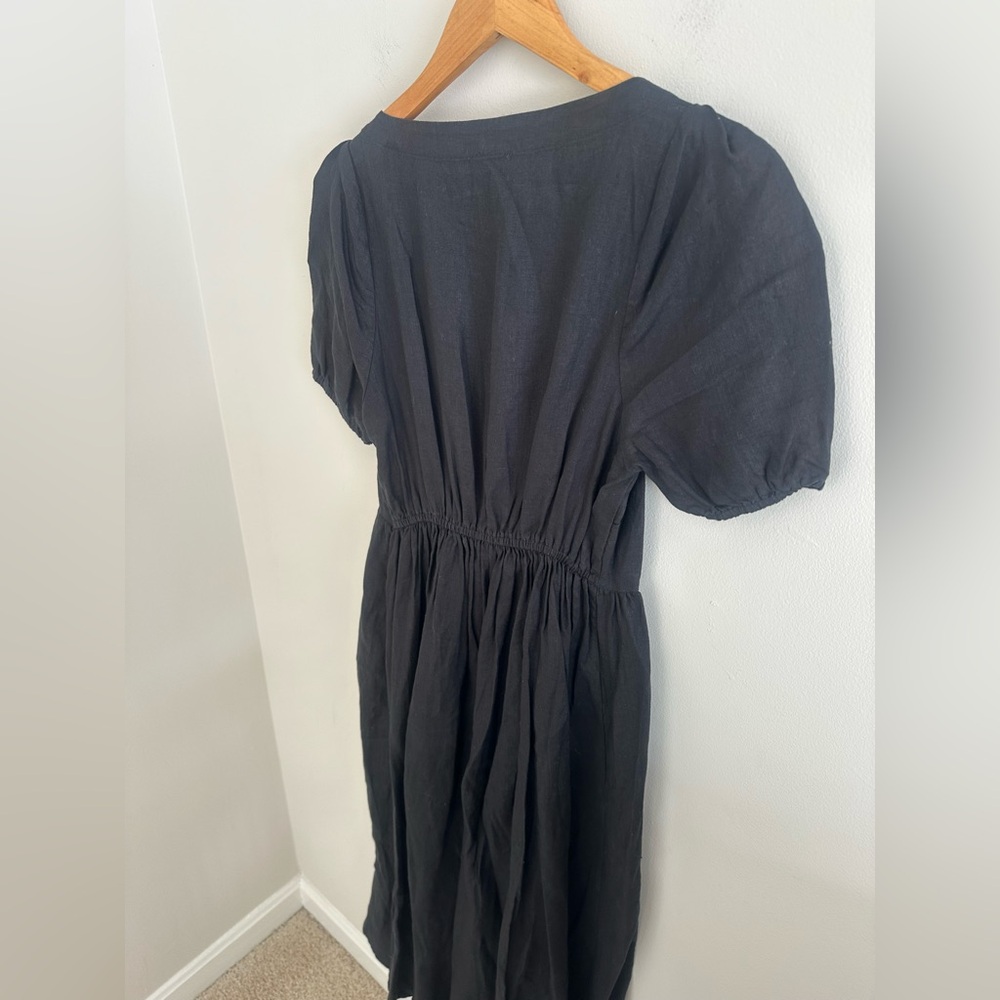 Quince maternity black linen midi dress square neckline and puff sleeves size S - Picture 9 of 11